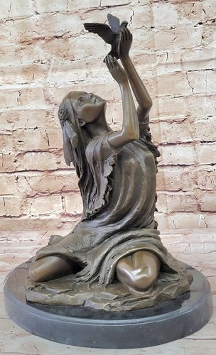 Indian girl with bird bronze - with,